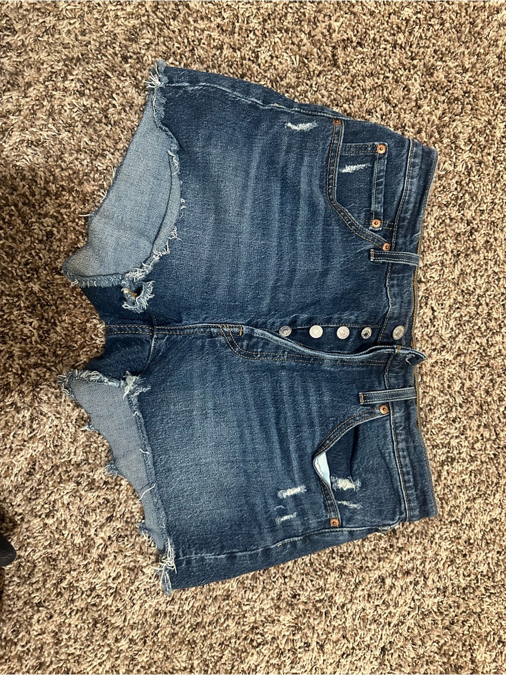 High-Rise Distressed Dark Blue Denim Shorts with Button Fly